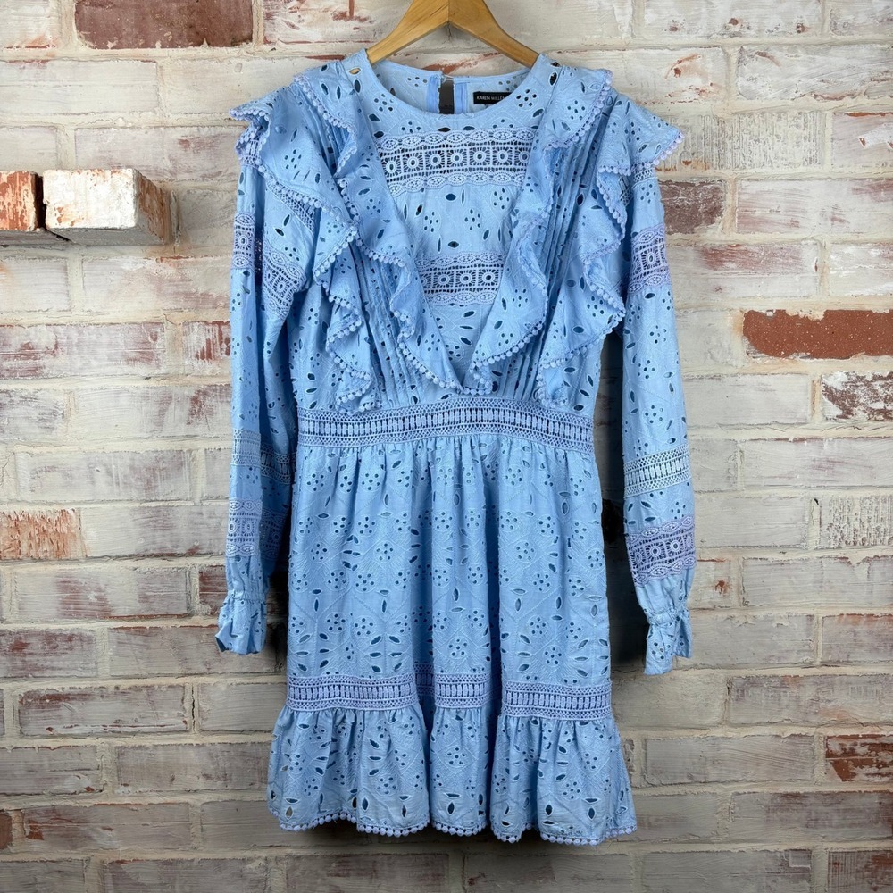 Karen Millen Eyelet Lace Dress Sz 6 Ruffle Romantic‎ Feminine Boho Cottagecore